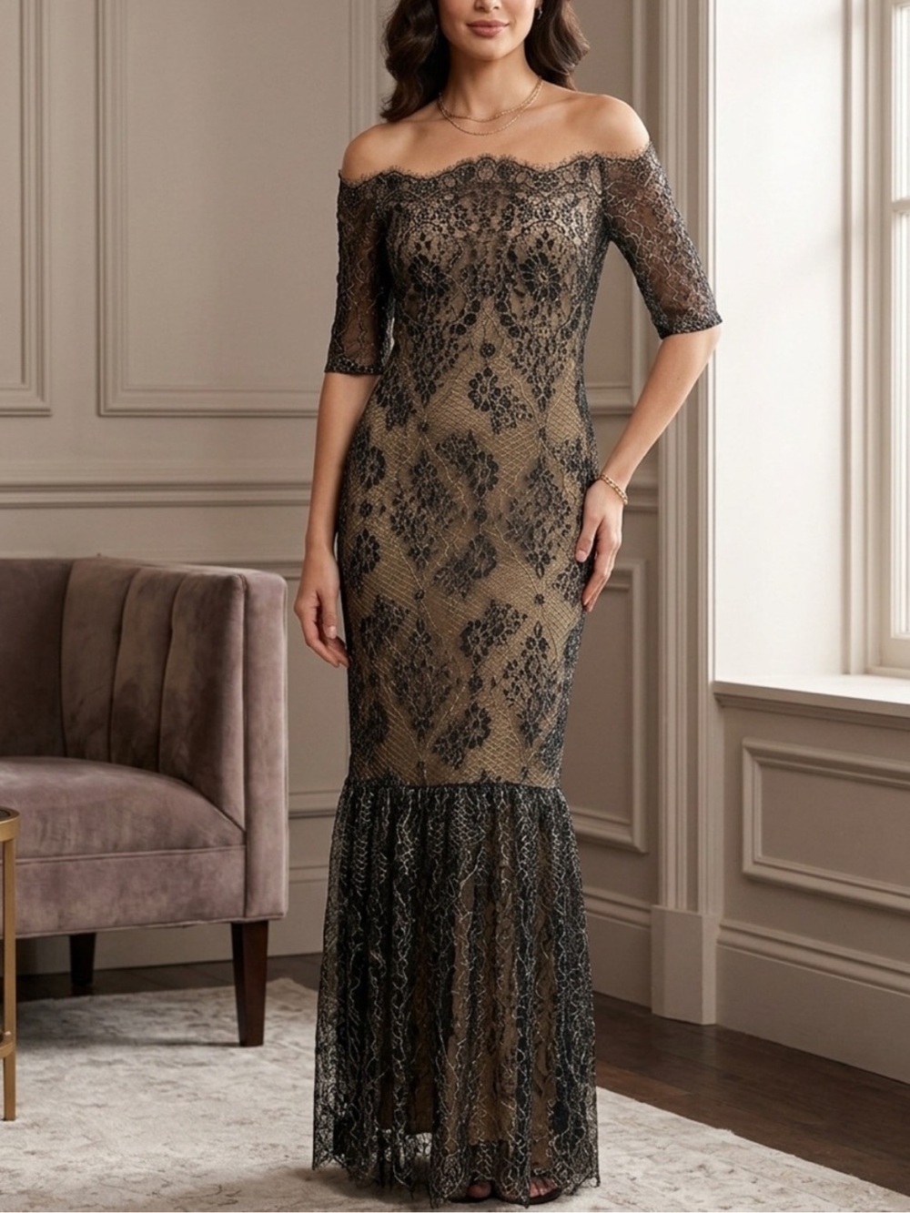 Marchesa Notte Black & Gold Metallic Lace Off The Shoulder Dress Women’s Size 8